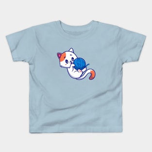 Cute Cat Playing Yarn Ball Cartoon Kids T-Shirt